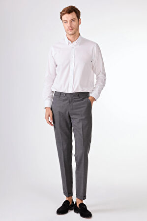 Gri Düz Renk Yünlü Slim Fit Erkek Takım Elbise 