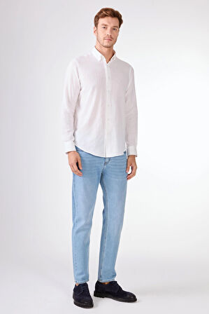 Beyaz Keten Düz Renk Regular Fit Erkek Gömlek