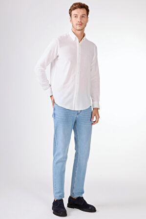 Beyaz Keten Düz Renk Regular Fit Erkek Gömlek