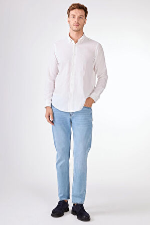 Beyaz Keten Düz Renk Regular Fit Erkek Gömlek