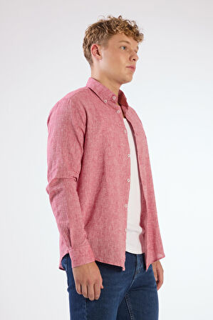 Kırmızı Keten Düz Renk Regular Fit Erkek Gömlek