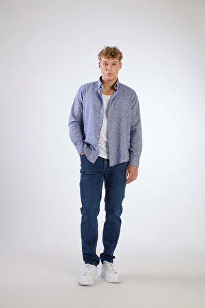 Koyu Lacivert Keten Düz Renk Regular Fit Erkek Gömlek