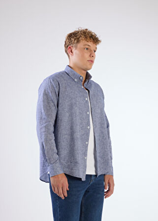 Koyu Lacivert Keten Düz Renk Regular Fit Erkek Gömlek