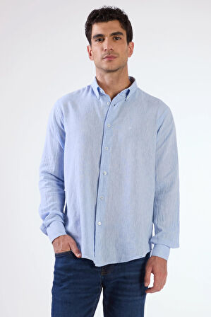 Koyu Mavi Keten Düz Renk Uzun Kol Regular Fit Erkek Gömlek