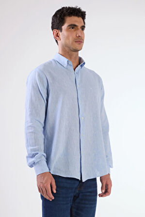 Koyu Mavi Keten Düz Renk Uzun Kol Regular Fit Erkek Gömlek