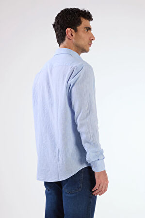 Koyu Mavi Keten Düz Renk Uzun Kol Regular Fit Erkek Gömlek