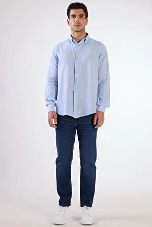 Koyu Mavi Keten Düz Renk Uzun Kol Regular Fit Erkek Gömlek