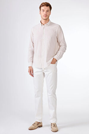 Bej Keten Düz Uzun Kol Regular Fit Erkek Gömlek 