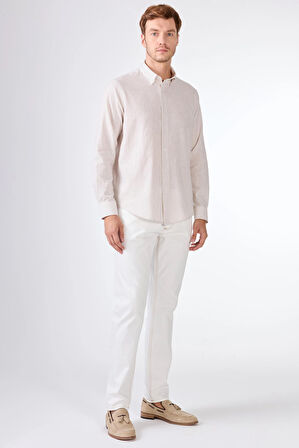 Bej Keten Düz Uzun Kol Regular Fit Erkek Gömlek 