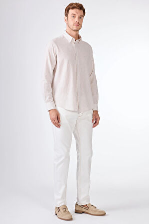 Bej Keten Düz Uzun Kol Regular Fit Erkek Gömlek 