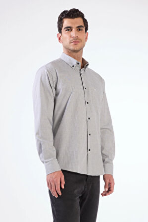 Siyah Kare Desen Regular Fit Uzun Kol Erkek Gömlek