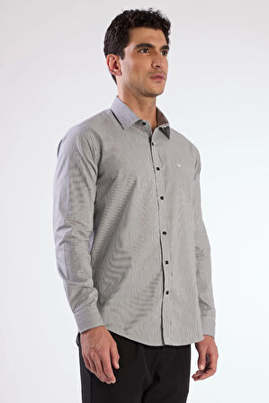 Siyah Çizgili Desen Uzun Kol Regular Fit Erkek Gömlek