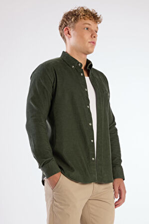 Haki Fitilli Cepli Regular Fit Erkek Gömlek