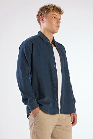 Petrol Fitilli Uzun Kol Regular Fit Erkek Gömlek 