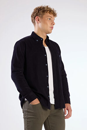 Lacivert Fitilli Uzun Kol Regular Fit Erkek Gömlek 