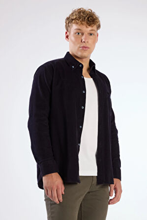 Lacivert Fitilli Uzun Kol Regular Fit Erkek Gömlek 