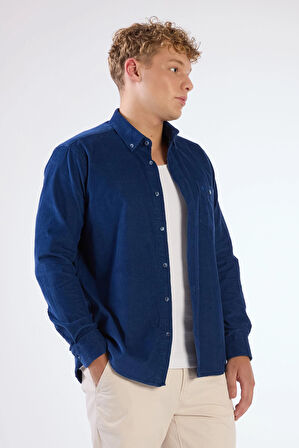 Açık Lacivert Fitilli Uzun Kol Regular Fit Erkek Gömlek 