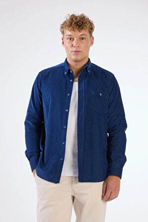 Açık Lacivert Fitilli Uzun Kol Regular Fit Erkek Gömlek 