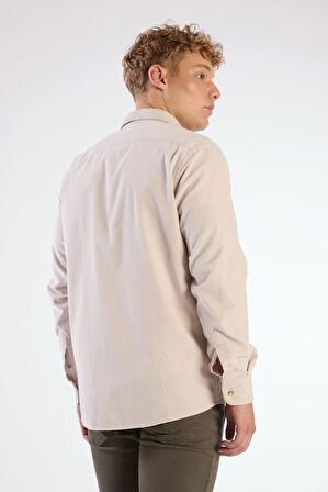 Bej Fitilli Uzun Kol Regular Fit Erkek Gömlek 