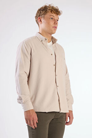 Bej Fitilli Uzun Kol Regular Fit Erkek Gömlek 