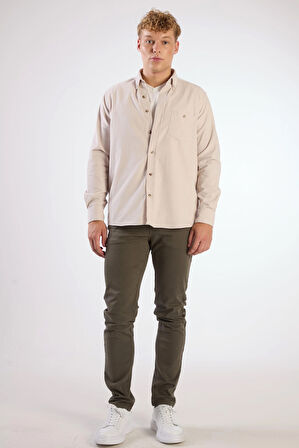 Bej Fitilli Uzun Kol Regular Fit Erkek Gömlek 