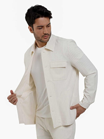 Dufy Ekru Erkek Regular Fit Çizgili Brent Yaka Uzun Kol Gömlek - 108654