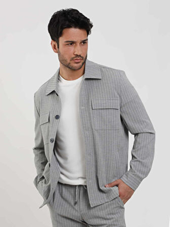 Dufy Gri Erkek Regular Fit Çizgili Brent Yaka Uzun Kol Gömlek - 108659