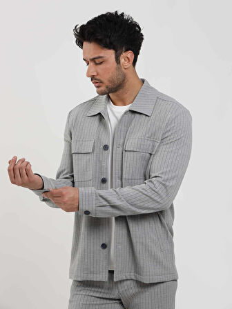 Dufy Gri Erkek Regular Fit Çizgili Brent Yaka Uzun Kol Gömlek - 108659