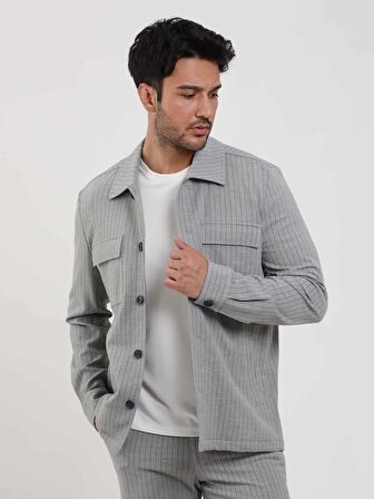 Dufy Gri Erkek Regular Fit Çizgili Brent Yaka Uzun Kol Gömlek - 108659