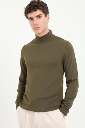 Erkek Slim Fit Yarım Balıkçı Yaka Haki Triko