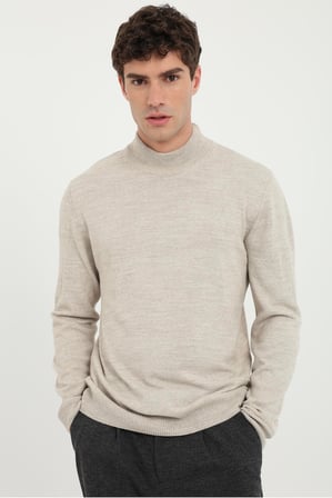 Erkek Slim Fit Yarım Balıkçı Yaka Bej Triko