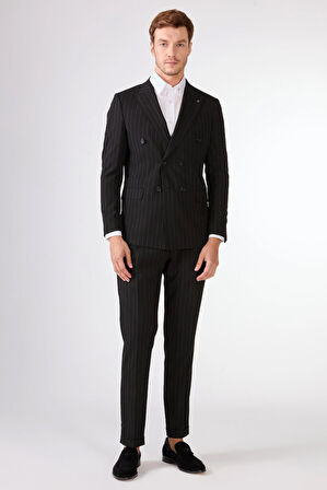 Siyah   Çizgili Erkek Takım Elbise - Slim Fit