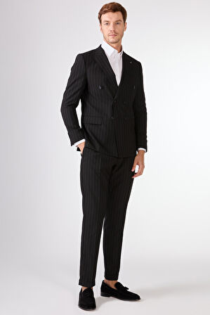 Siyah   Çizgili Erkek Takım Elbise - Slim Fit