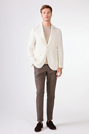 Ekru Erkek Regular Fit Çizgili Sivri Yaka Keten Ceket 