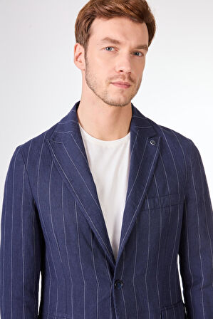 Lacivert Erkek Regular Fit Çizgili Sivri Yaka Keten Ceket 