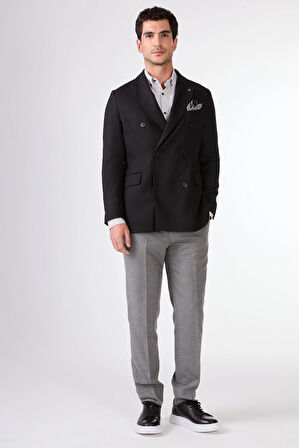 Siyah Kruvaze Slim Fit Erkek Ceket