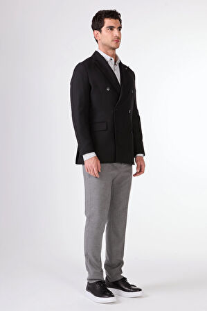 Siyah Kruvaze Slim Fit Erkek Ceket
