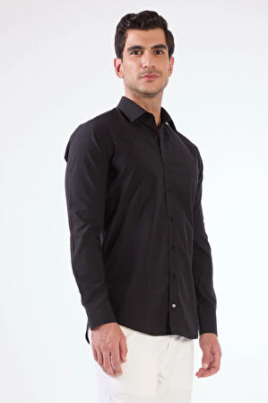 Siyah Pamuk Regular Fit Uzun Kol Erkek Gömlek 