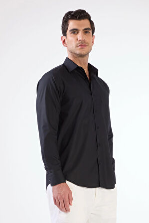 Siyah Pamuk Regular Fit Uzun Kol Erkek Gömlek 