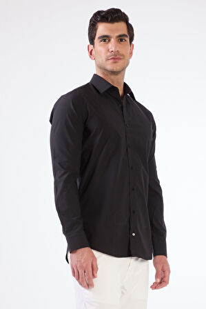 Siyah Pamuk Regular Fit Uzun Kol Erkek Gömlek 