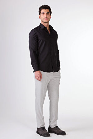 Siyah Düz Renk Uzun Kol Slim Fit Erkek Gömlek 
