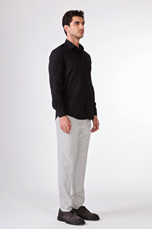 Siyah Düz Renk Slim Fit Uzun Kol Erkek Gömlek 