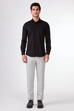 Siyah Düz Renk Slim Fit Uzun Kol Erkek Gömlek 