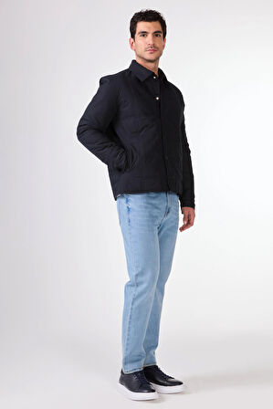 Lacivert Kapitone Slim Fit Çıtçıt Kapamalı Erkek Mont