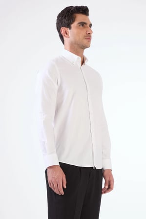 Erkek Slim Fit Düğmeli Yaka Uzun Kol Krem Gömlek