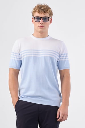 Erkek Slim Fit Bisiklet Yaka Açık Mavi Triko T-shirt