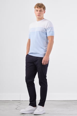 Erkek Slim Fit Bisiklet Yaka Açık Mavi Triko T-shirt