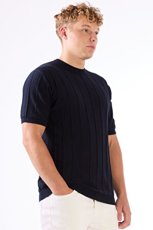 Lacivert Çizgili Desen Kısa Kol Slim Fit Erkek Triko