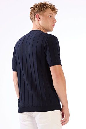 Lacivert Çizgili Desen Kısa Kol Slim Fit Erkek Triko