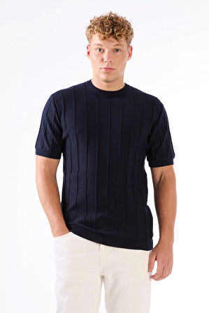 Lacivert Çizgili Desen Kısa Kol Slim Fit Erkek Triko